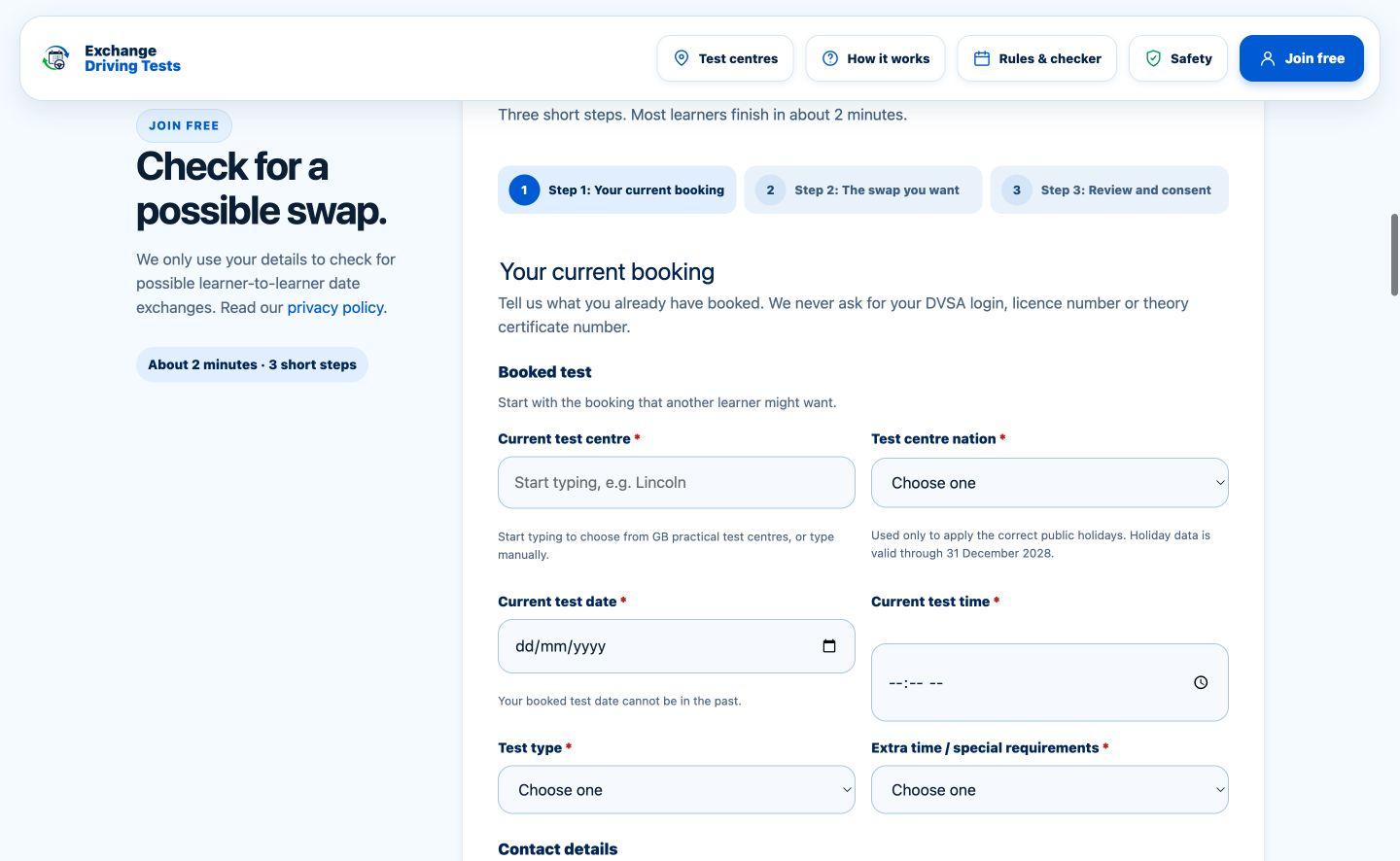 Exchange Driving Tests three-step enquiry form