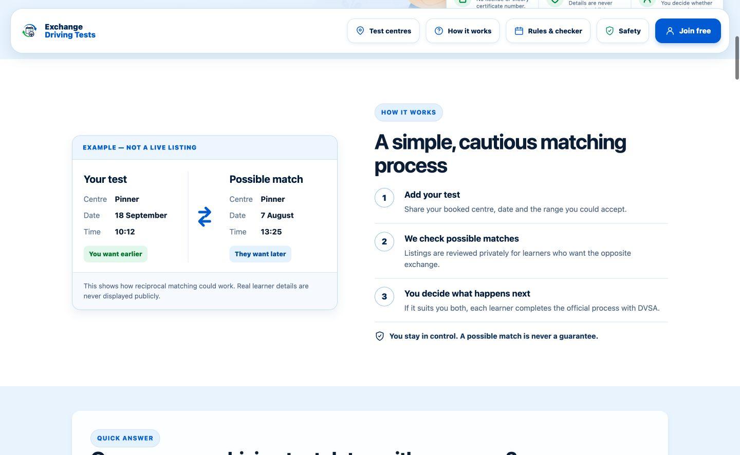 Exchange Driving Tests matching example and three-step process section